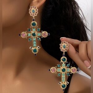 Elegant Gold and Teal Cross Earrings